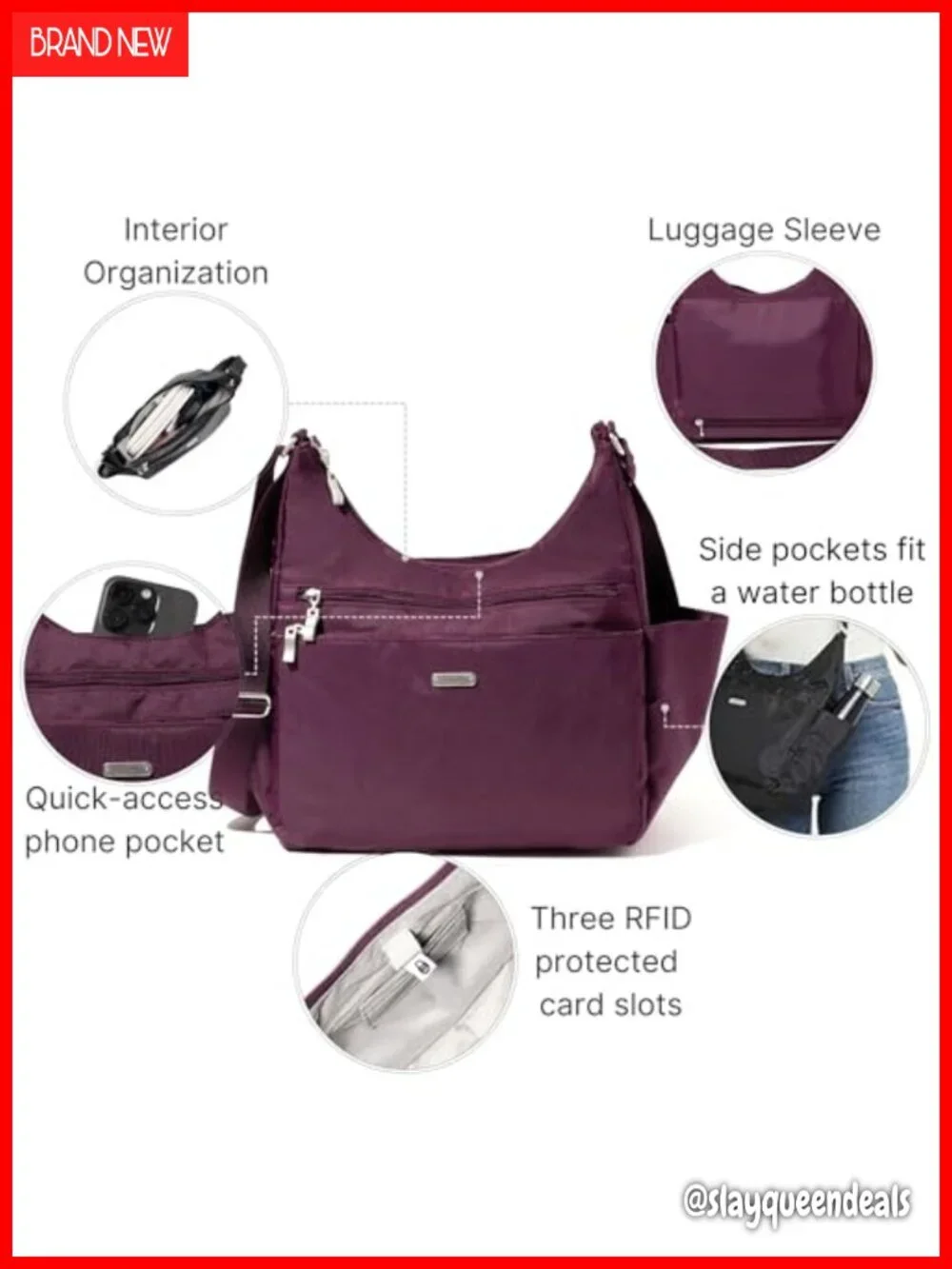 Lightweight RFID Hobo Crossbody Bag with Luggage Sleeve
